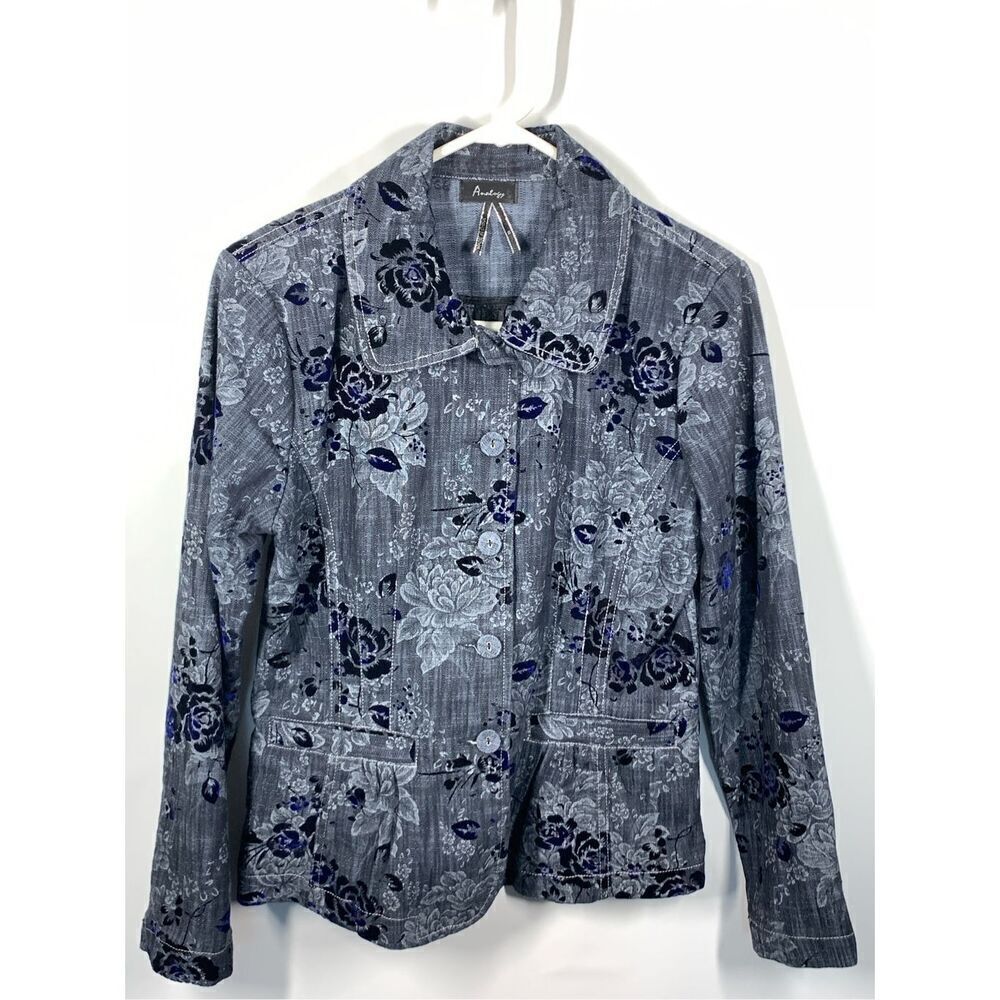 Analogy Women's Floral Velvet Button Front Blazer Jacket Gray Black Small NWOT